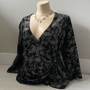 Black 3/4 sleeve top with circle tie on side & paisley silver metallic print